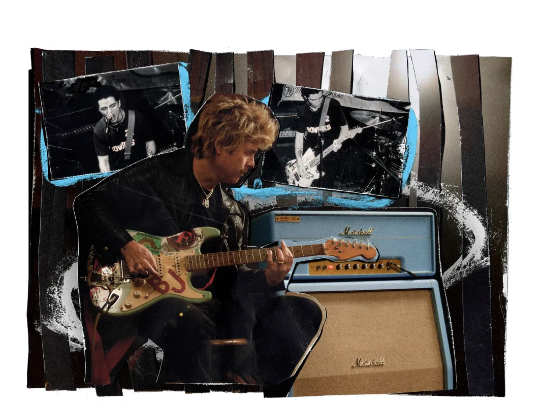 Billie Joe Armstrong bên cạnh Marshall 1959BJA Artist Signature amp baby blue
