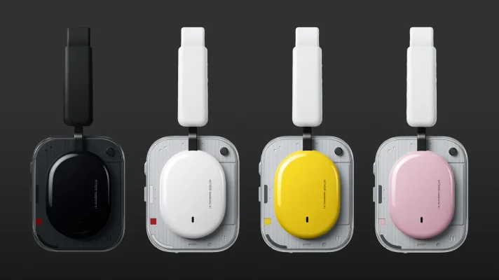 Nothing Headphone (a) bốn màu đen trắng hồng vàng, cận cảnh earcup trong suốt và điều khiển con lăn cần gạt