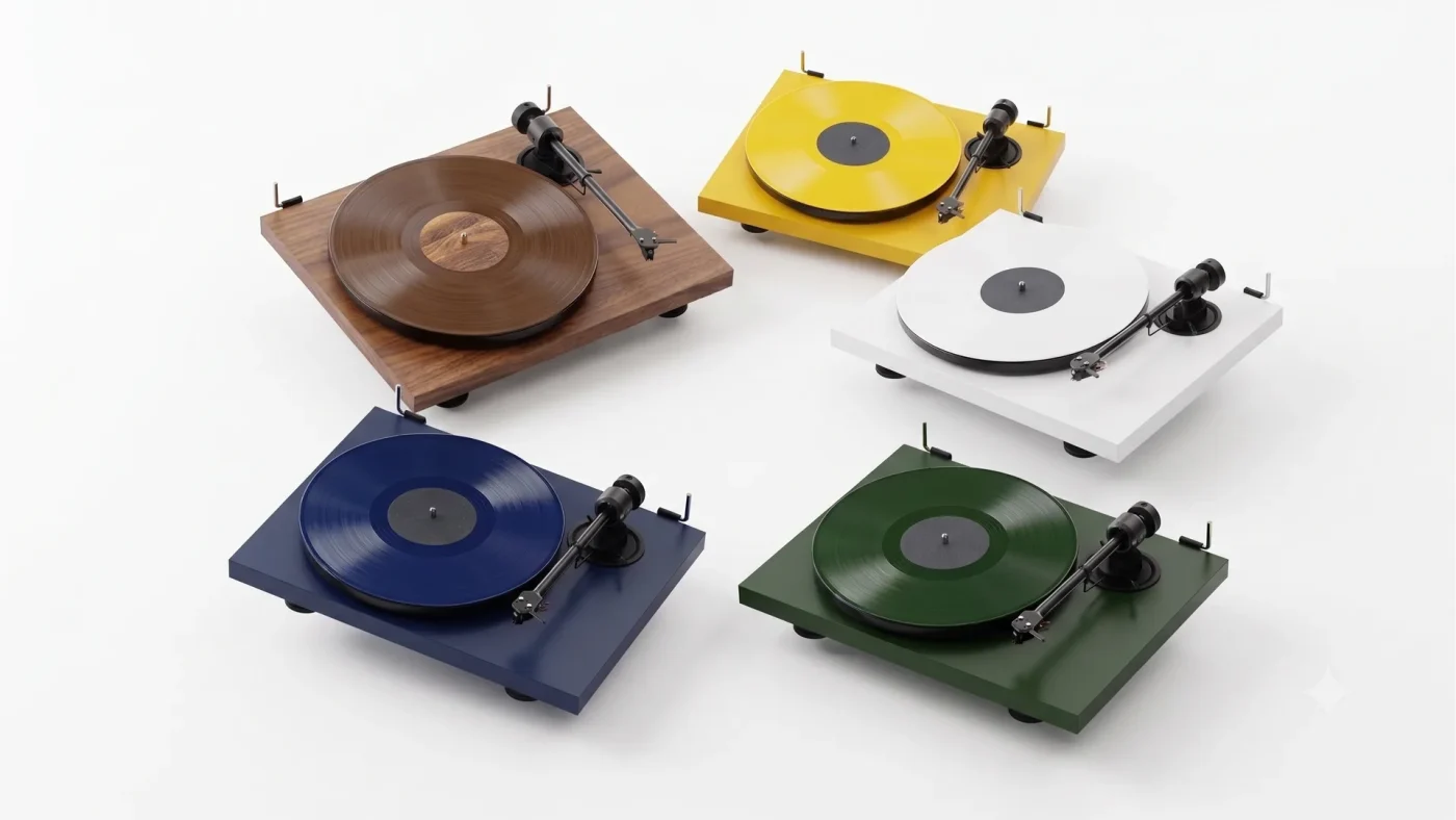 Năm mâm Pro-Ject E1.2 BT Colour xếp hình quạt: Walnut, Golden Yellow, White, Fir Green, Steel Blue trên nền trắng