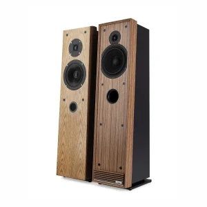 Hai loa Talisman-R Fused Walnut và Satin Charcoal góc studio, không lưới