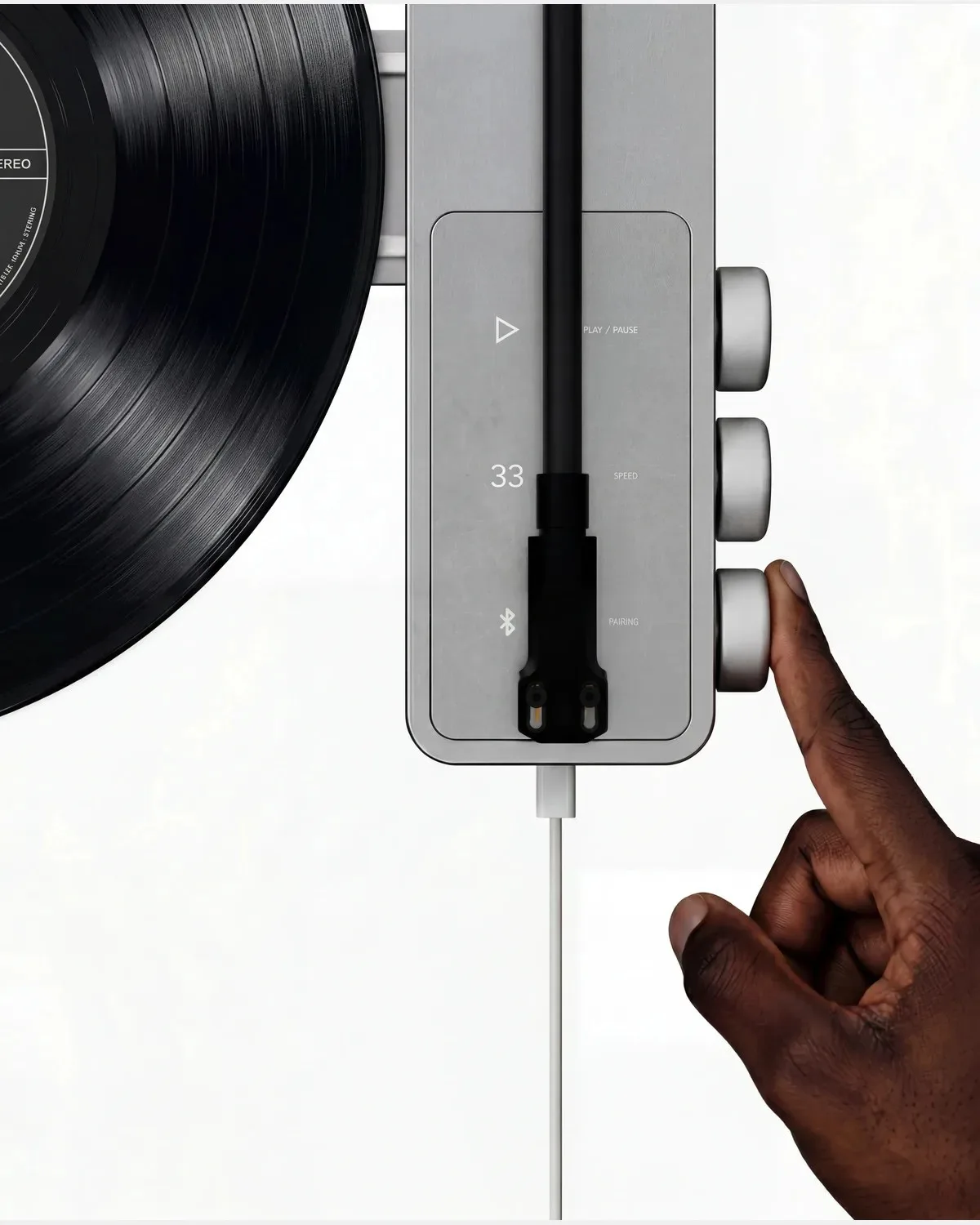 Cận cảnh thân nhôm Ruka TD-1: tay máy, Play Pause, tốc độ 33 và Bluetooth