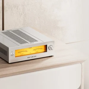FiiO WARMER R2R Silver mặt trước VU meter trên bàn gỗ District M