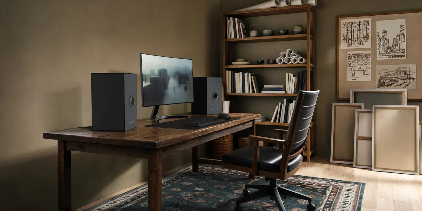 Cặp loa Onkyo GX-AiO đen đặt hai bên màn hình trên bàn làm việc