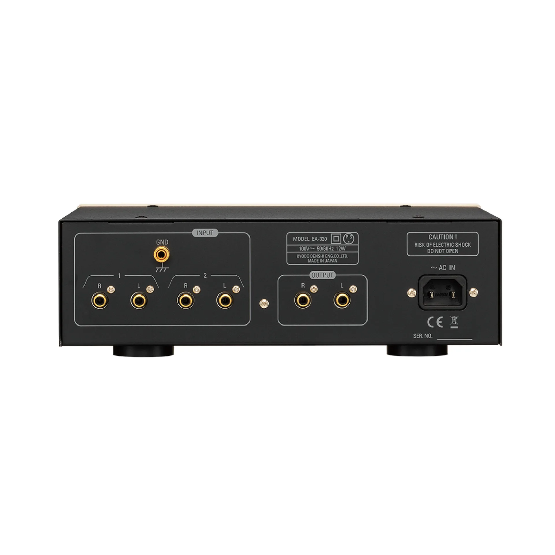 Mặt sau Phasemation EA-320: 2 input RCA OUT GND IEC District M