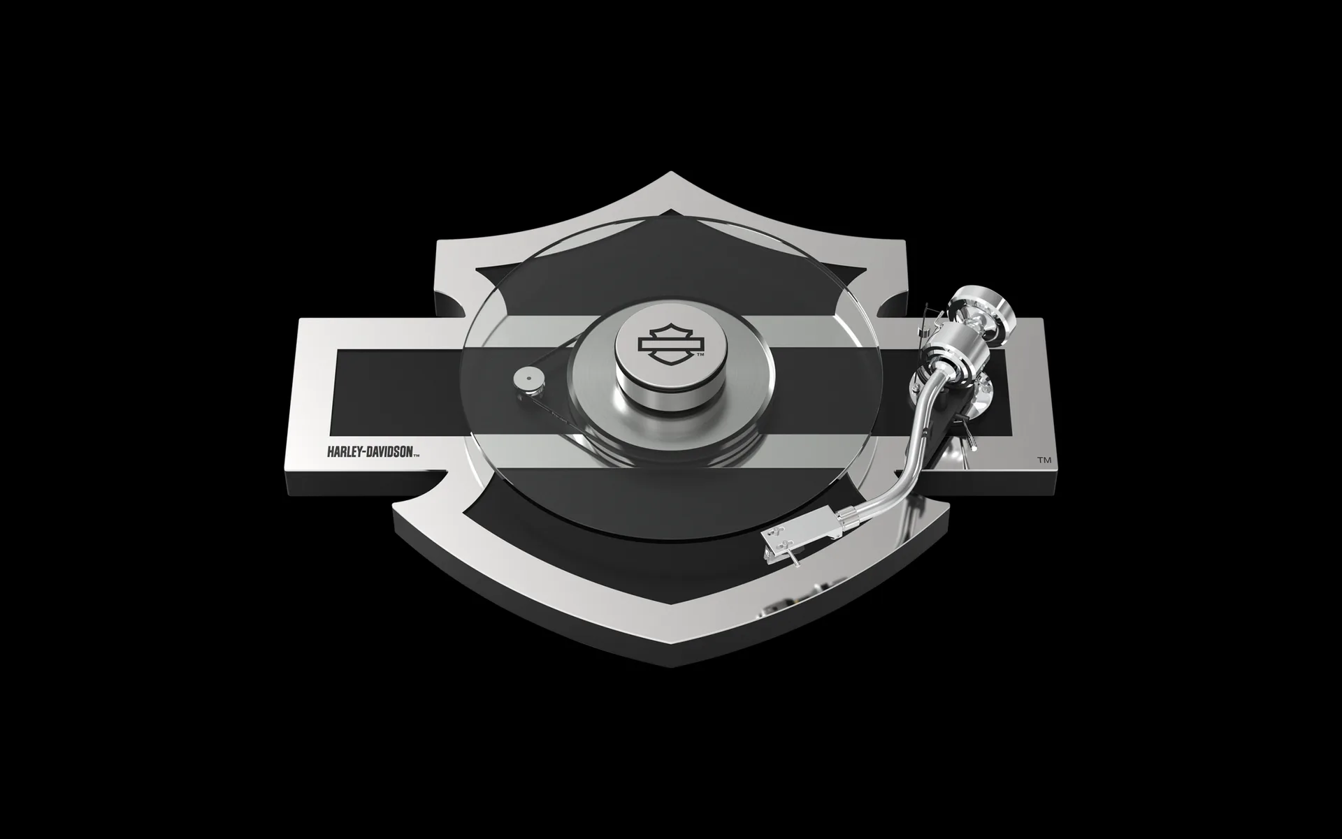 Platter kính 300mm Pro-Ject Harley-Davidson Turntable trên nền đen