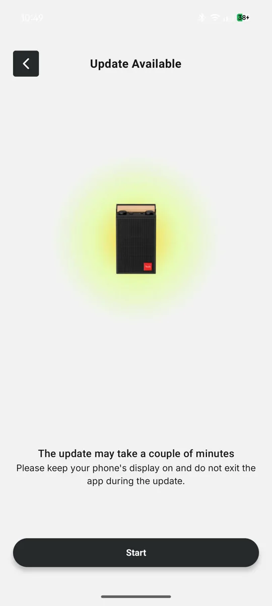 Màn Update Available Start cập nhật firmware loa Fender qua app District M