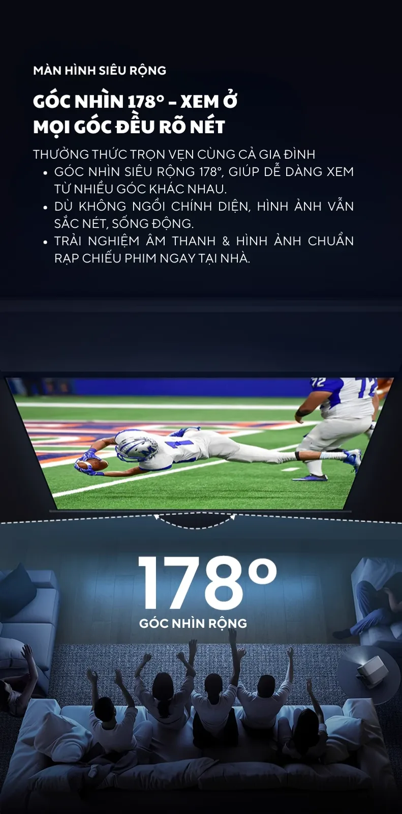 Góc nhìn rộng màn chiếu điện JMGO 100 inch phòng khách