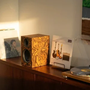 Loa Kanto TUK G2 Burl Gunmetal trên tủ gỗ cạnh đĩa vinyl