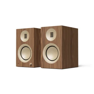 Loa Kanto TUK G2 Walnut Rose Gold góc 3/4, vân walnut và driver rose gold