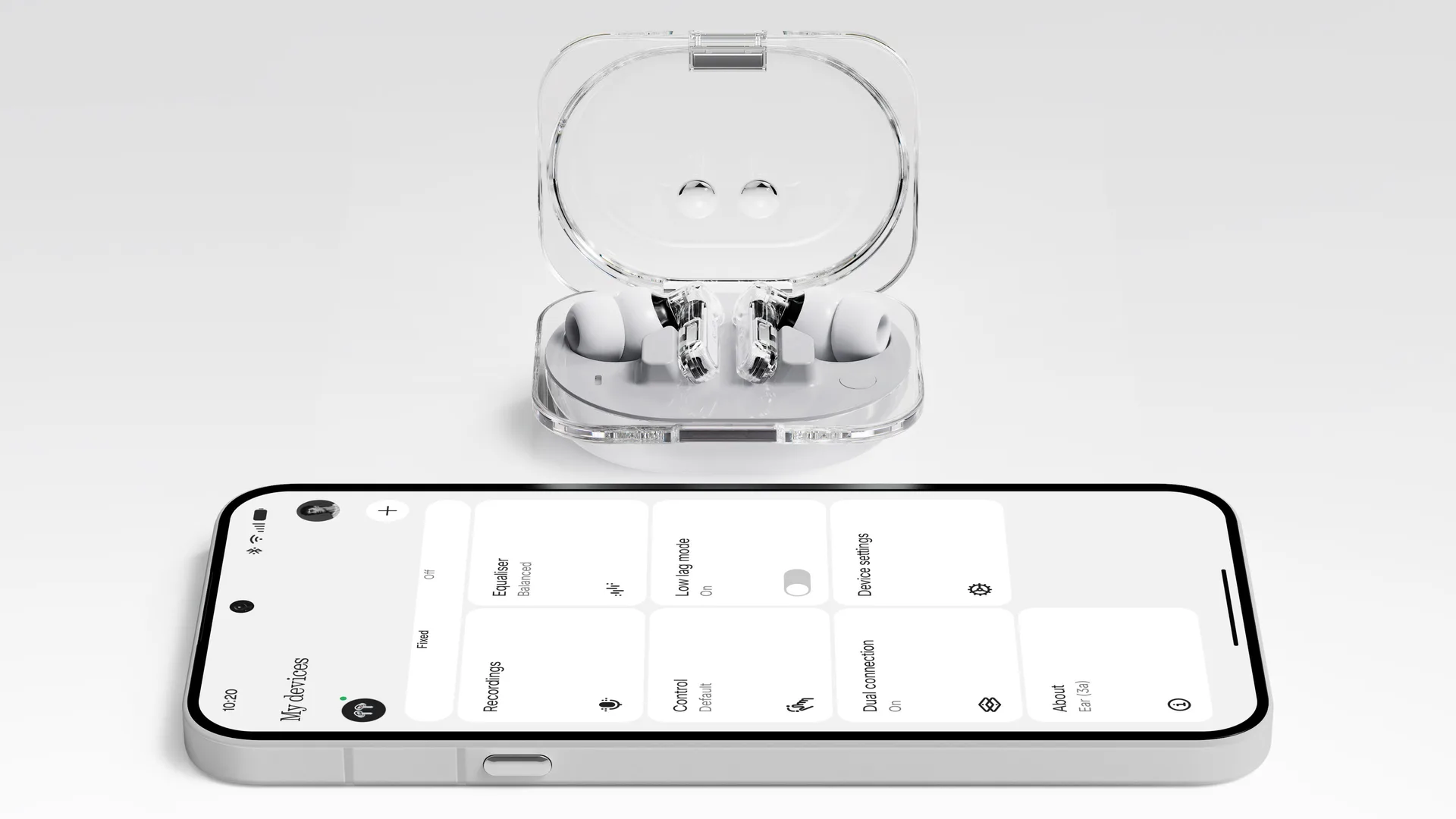 Nothing Ear (3a) trắng cùng app Nothing X Dual connection Low lag District M